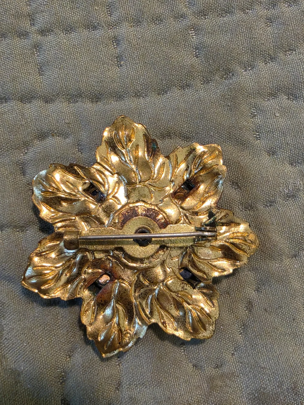 Vintage Gold Sunflower Brooch with Blue Glass Center